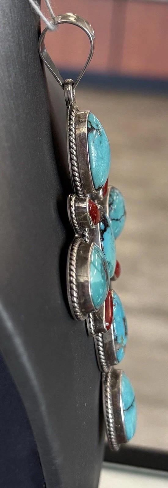 Native American Large Cross Pendant By DEAN BROWN, Signed Sterling Silver With Natural Blue Turquoise And Red Coral
