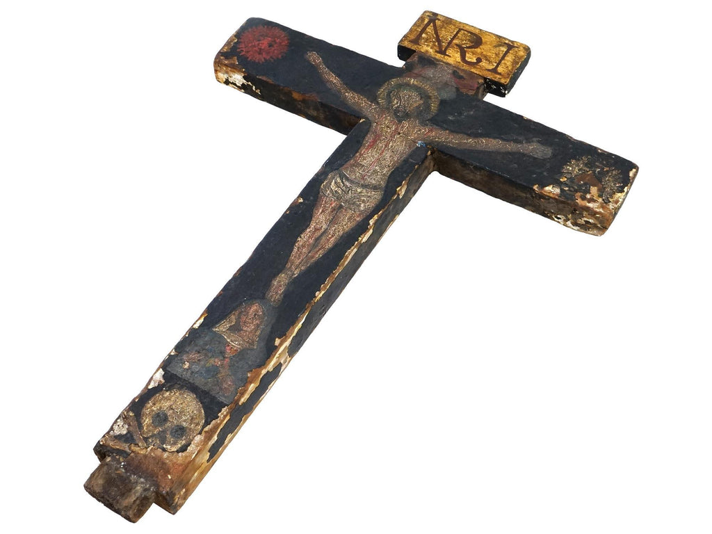 Late 19th Century Catholic Standing Crucifixion, The Holy Cross Of Souls, Cruz De Las Animas, Painted Wood Ex Voto, Mexican Religious Art