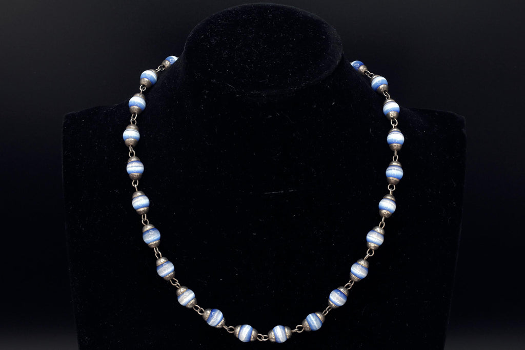 Blue Cats Eye Glass Necklace, 925 Sterling Silver And Round Cap End Capsule Link, Modernist Jewelry Unisex, Round Beaded Chain Collar