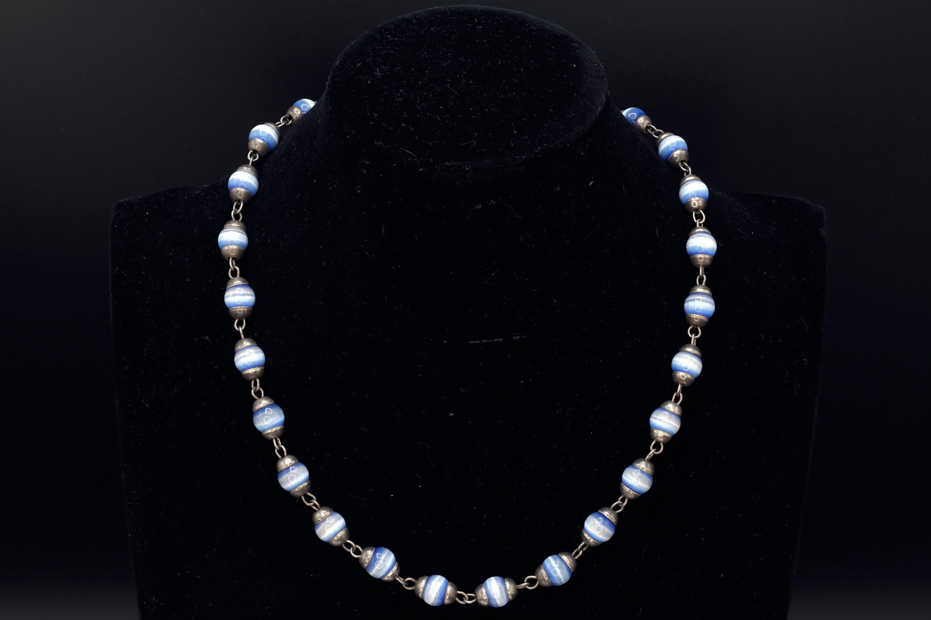 Blue Cats Eye Glass Necklace, 925 Sterling Silver And Round Cap End Capsule Link, Modernist Jewelry Unisex, Round Beaded Chain Collar
