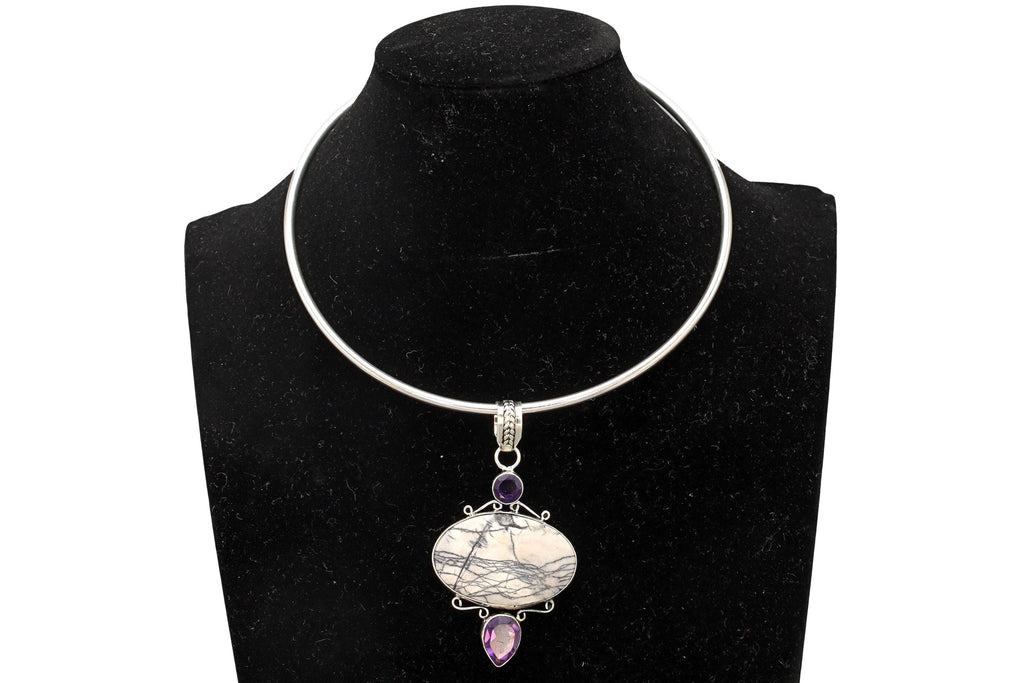 Vintage Collar Torc Necklace With A Multistone Pendant, 925 Sterling Silver, Faceted Amethyst Cabochons, White Jasper Howlite
