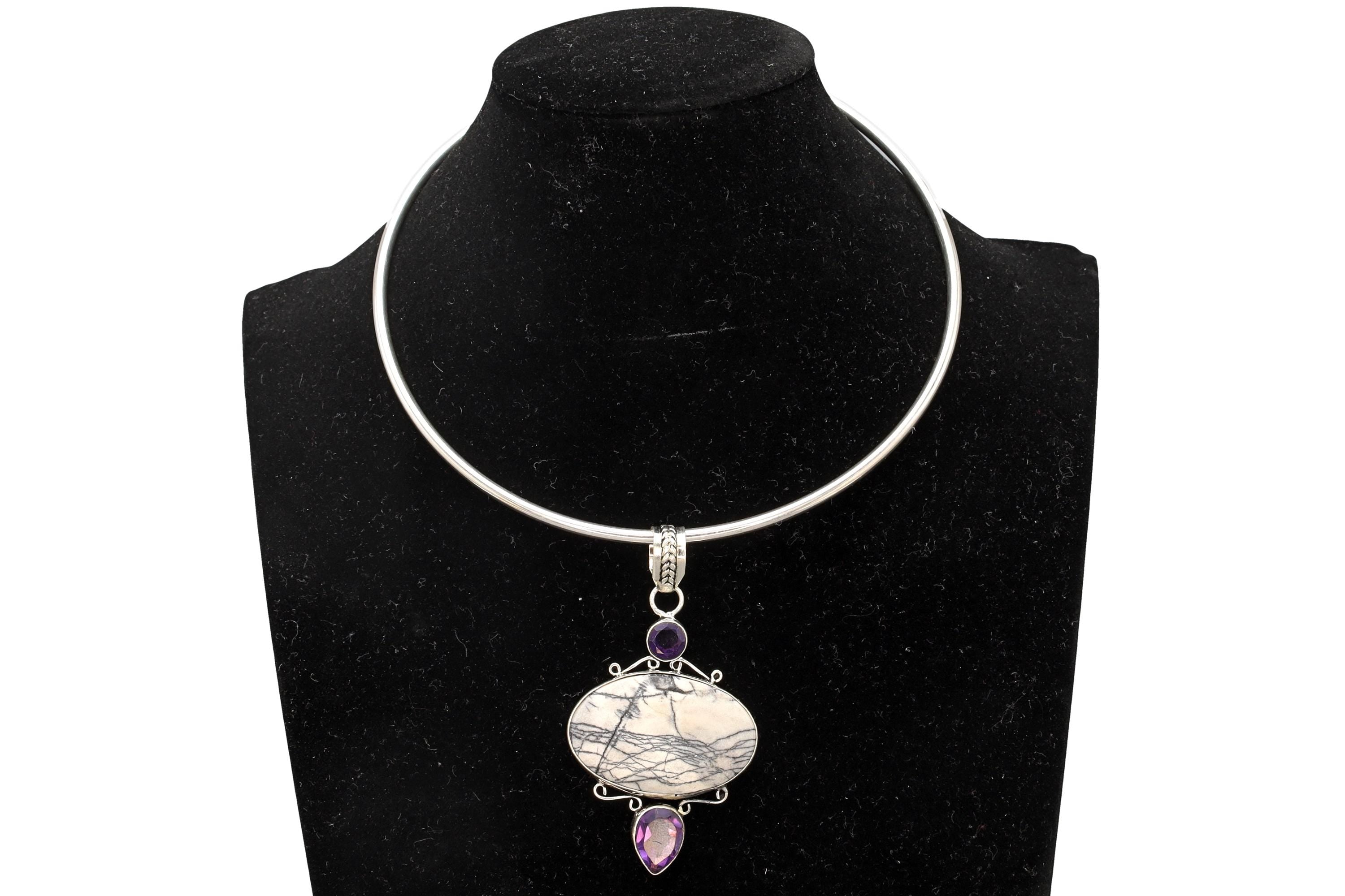 Vintage Collar Torc Necklace With A Multistone Pendant, 925 Sterling Silver, Faceted Amethyst Cabochons, White Jasper Howlite