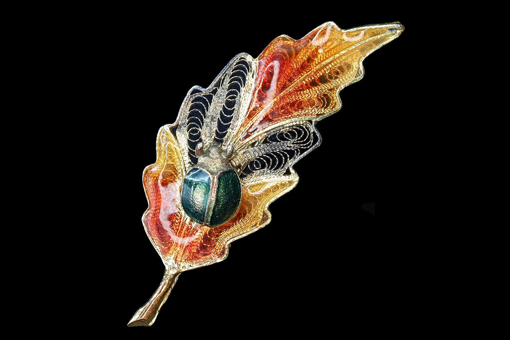 Ladybird On Autumn Leaf Brooch, 1940s Italy Genova 149 PIOMBO SILVIO, Hallmarked Italian Jewelry, 800 Silver Plique au Jour Enamel Filigree