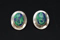 Retro Azurite Malachite Stud Earrings, Large Sterling Silver Oval Studs With Zoisite Cabochons, Retro Mid Century Jewelry Design
