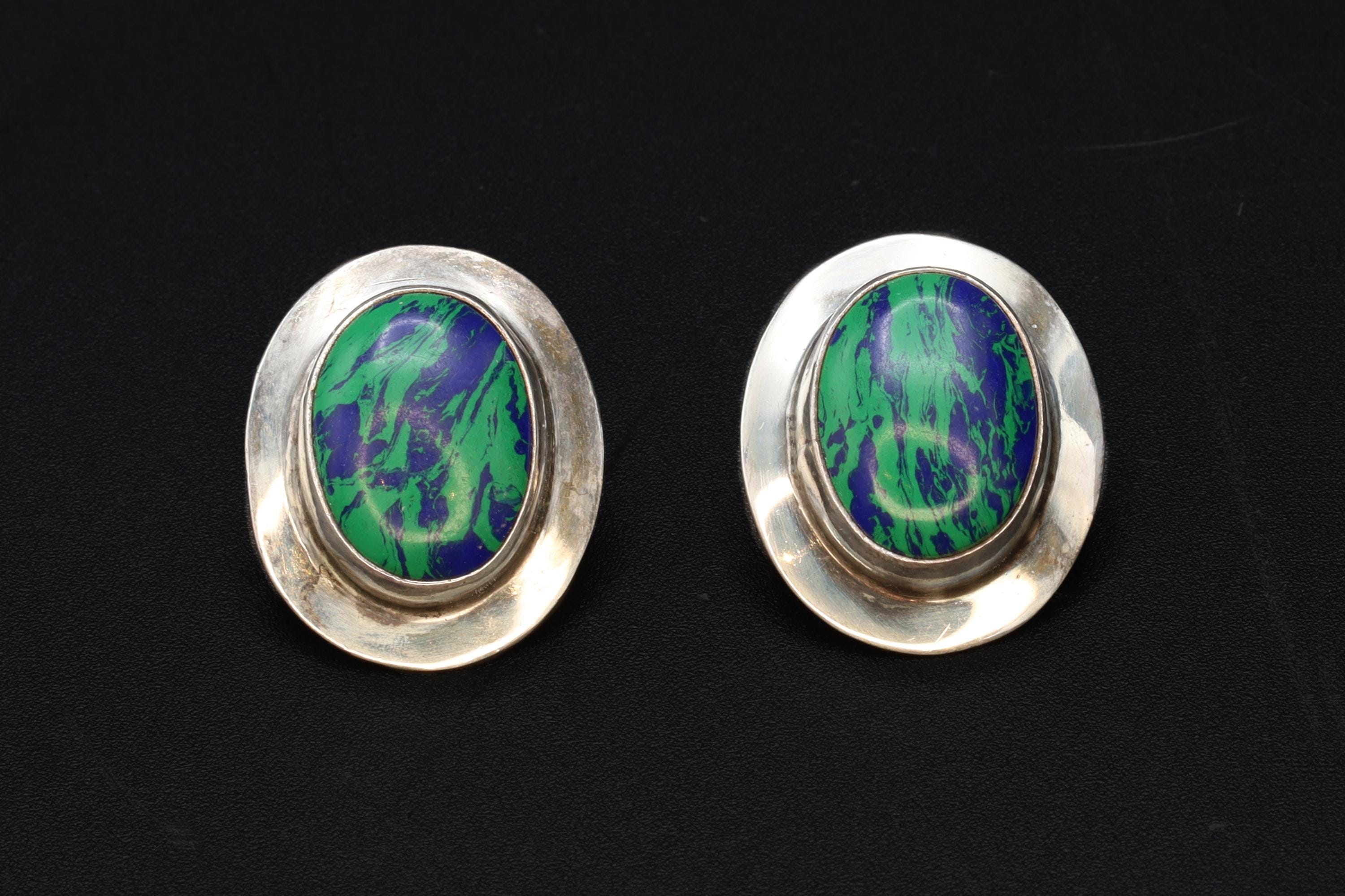 Retro Azurite Malachite Stud Earrings, Large Sterling Silver Oval Studs With Zoisite Cabochons, Retro Mid Century Jewelry Design