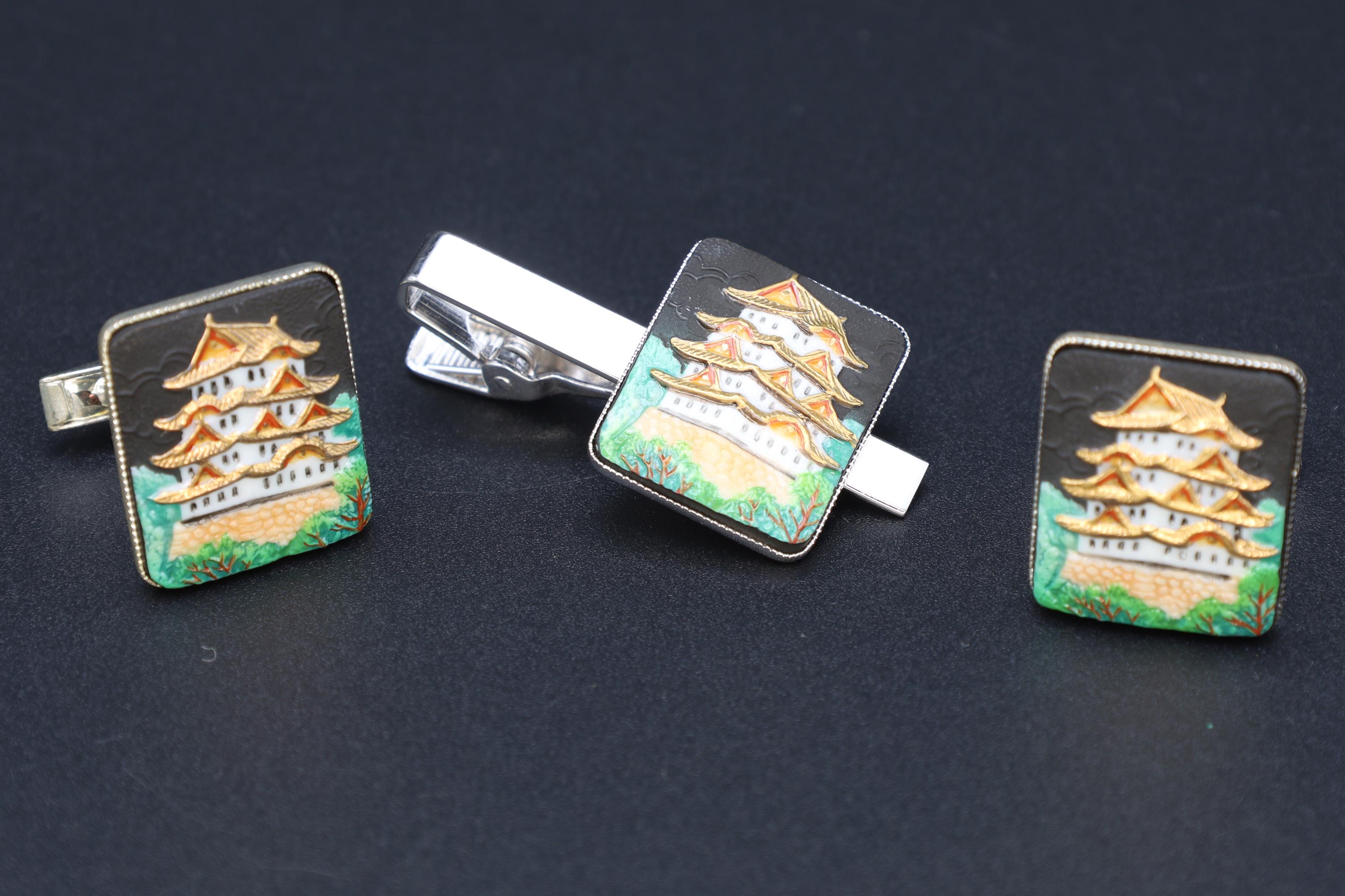 Toshikane Cufflinks, Sterling Silver And Porcelain, Chureito Pagoda, Chastain Tower, Fujiyoshida Cenotaph, Fashion Accessories And Jewelry