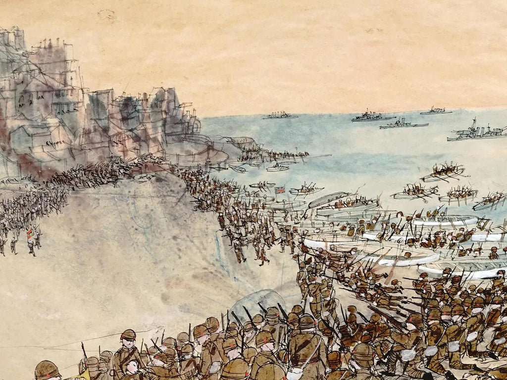 Watercolor And Ink On Paper Painting By Robert Andrew Parker, Battle Of The Bulgarian And British Armies On A Seashore Landscape
