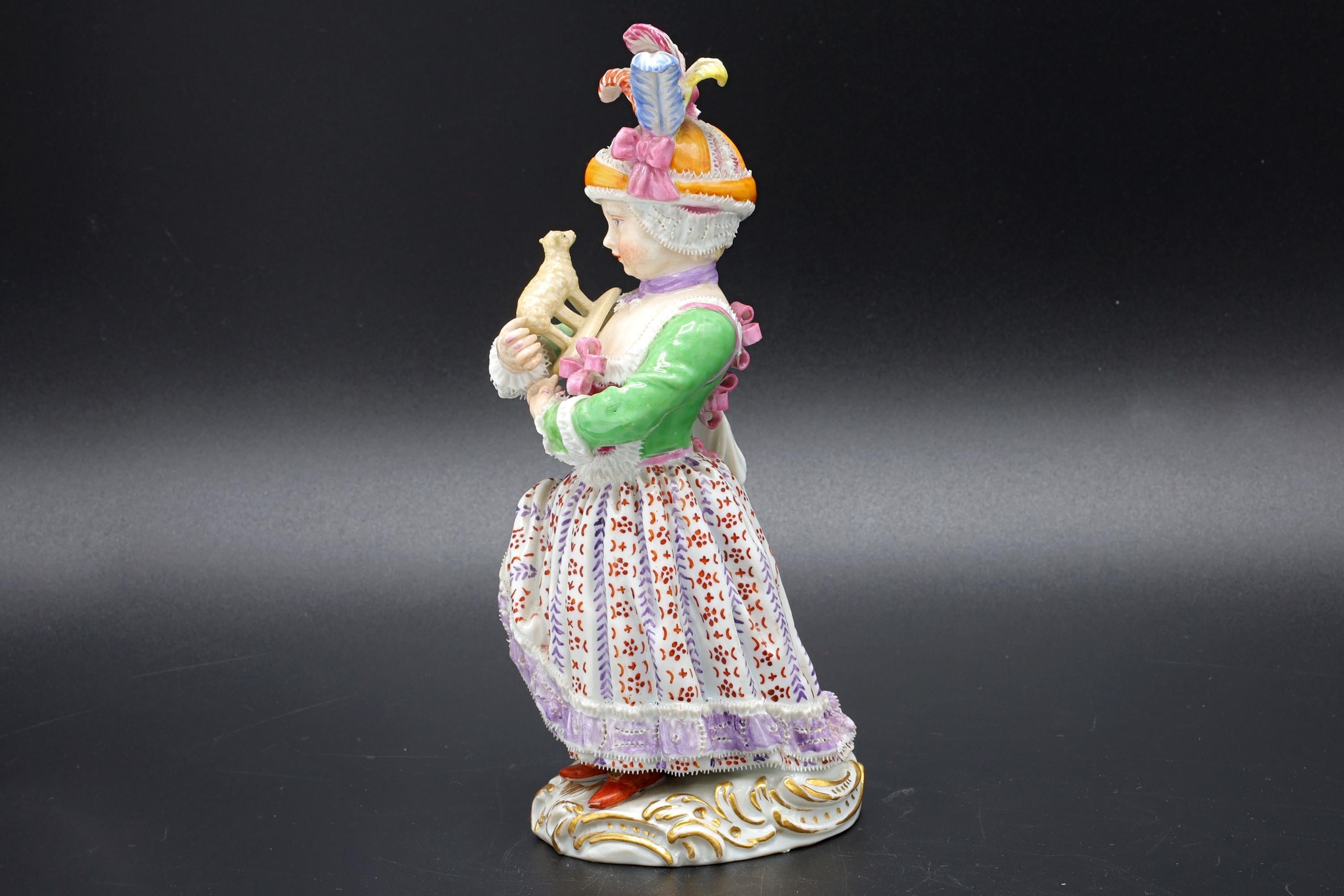 Antique Meissen Porcelain Art Figure Of A Young Girl With Toy Lamb And Feathered Cap. Folk European Farm Lady, 19th Century Germany