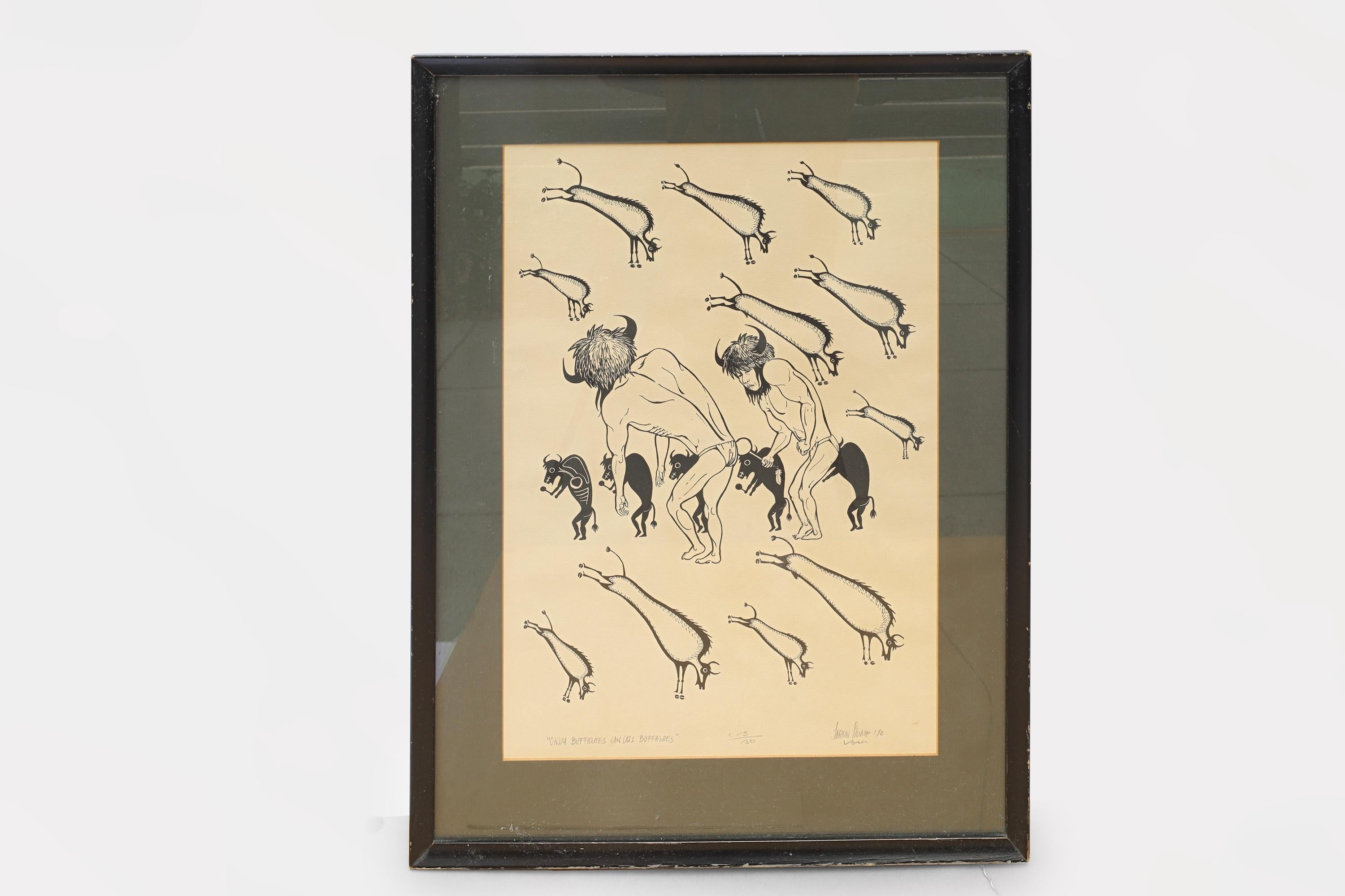 IMPORTANT, Sarain Stump, A First Nation Artist From Canada, Silkscreen Artwork Print Titled As Buffaloes, 1972. Native American Dancers