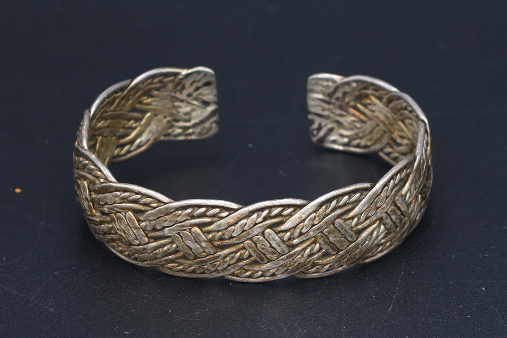 Handmade Cuff Bracelet, 925 Sterling Silver Cuff Bangle With Braided Design. Vintage Unisex Jewelry, Boho Fashion Accessories