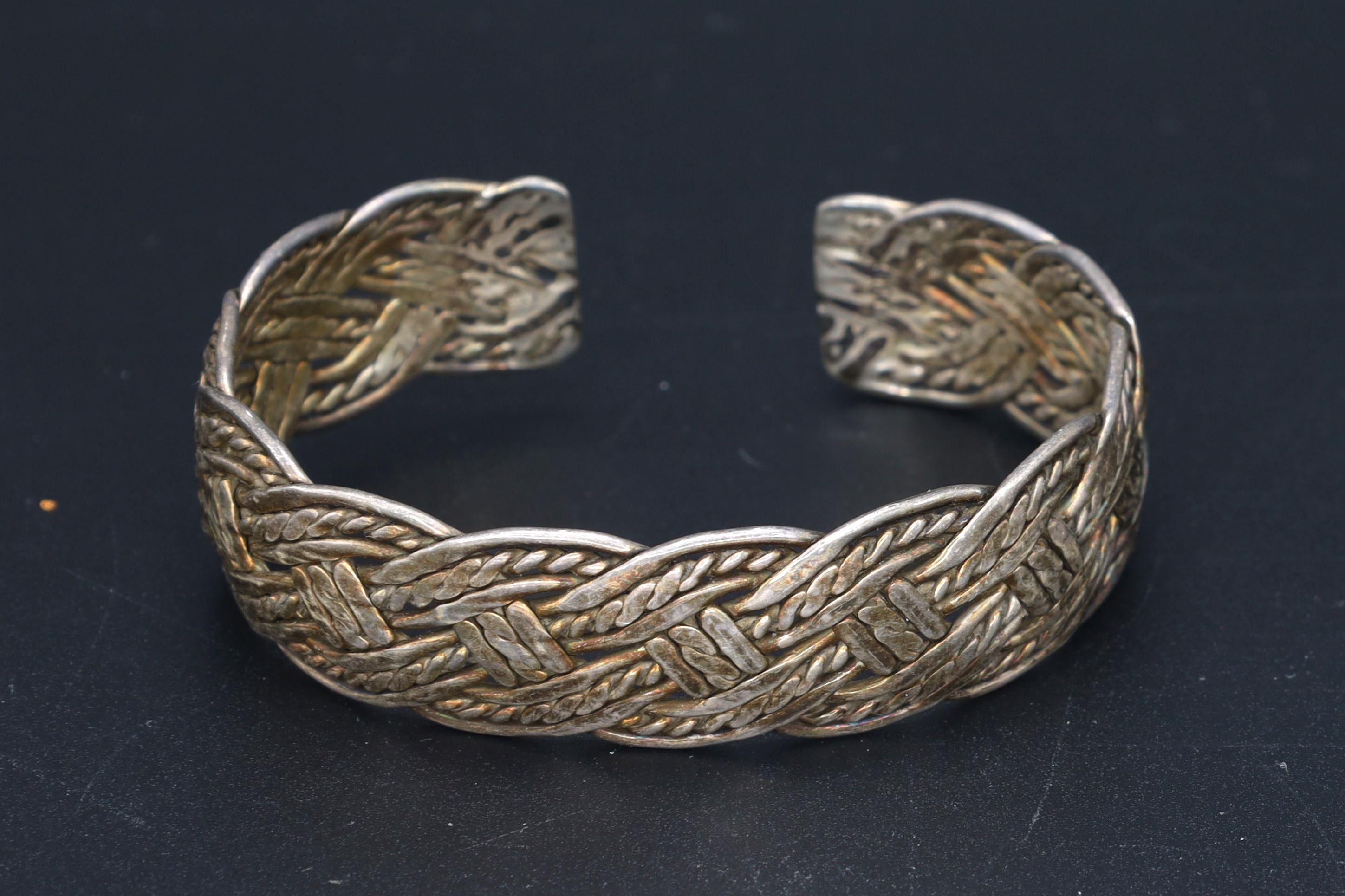 Handmade Cuff Bracelet, 925 Sterling Silver Cuff Bangle With Braided Design. Vintage Unisex Jewelry, Boho Fashion Accessories