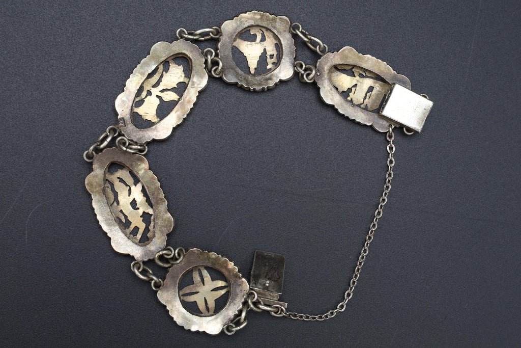Art Deco Panel Bracelet, 900 Silver And Rose Gold. Greek Jewelry From The Mid Century, Landmarks Of Greece And Aegean Islands, Marcasite