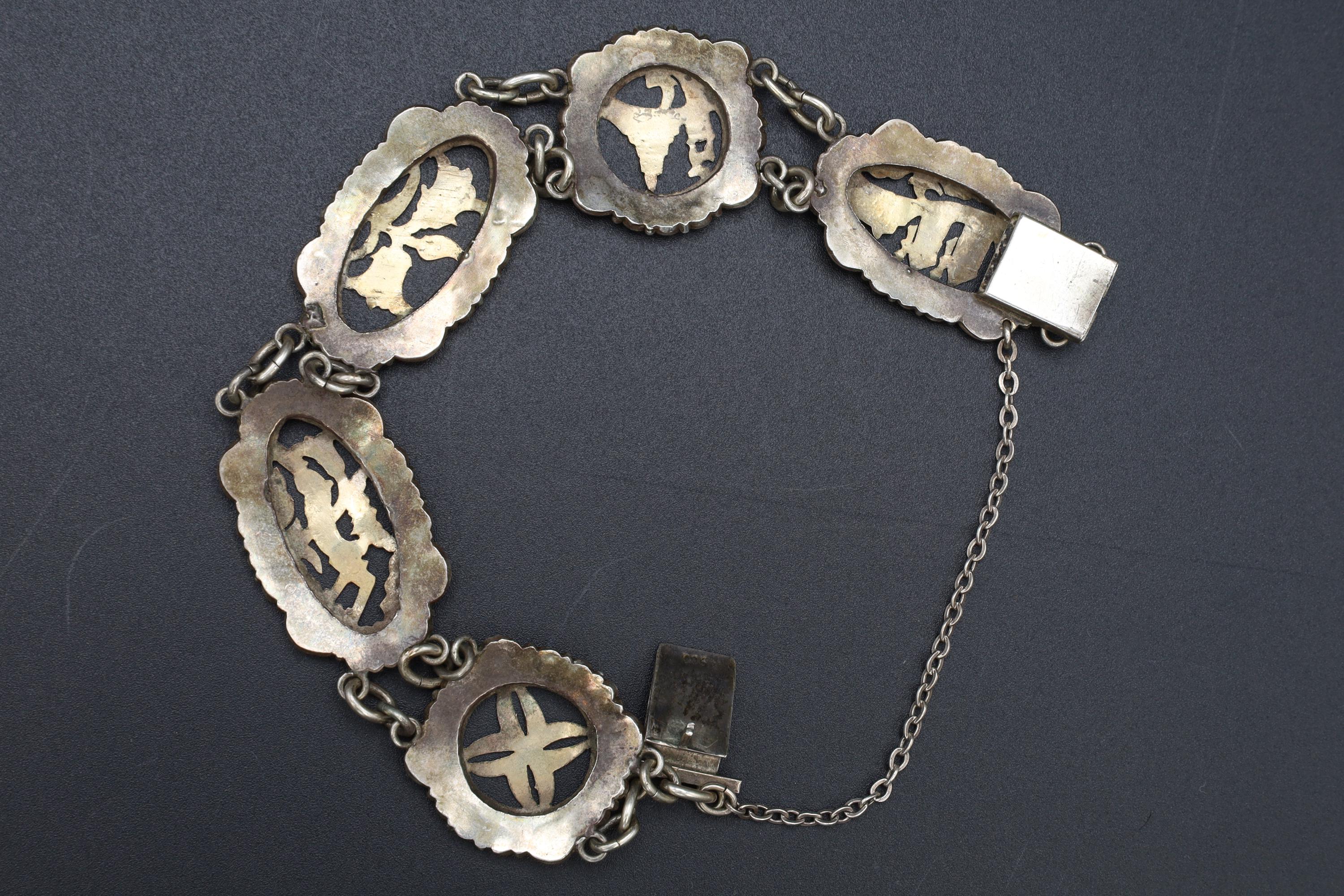 Art Deco Panel Bracelet, 900 Silver And Rose Gold. Greek Jewelry From The Mid Century, Landmarks Of Greece And Aegean Islands, Marcasite