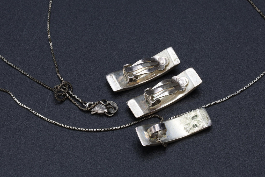 Jewelry Set By Jadwiga Zaremska, Gdansk Poland, Mosaic Baltic Amber And 925 Sterling Silver, Signed With Hallmarks, Necklace And Earrings
