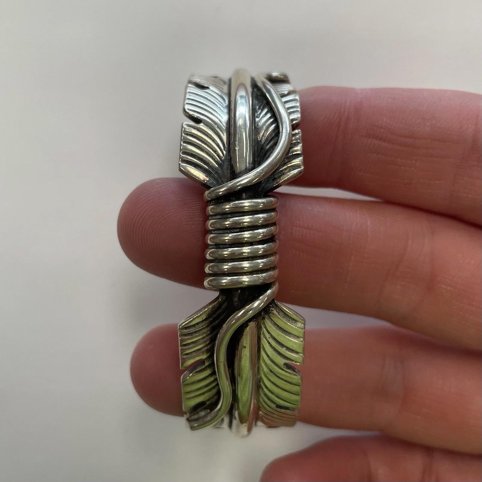 Navajo Mike Thomas Jewelry, Cuff Bangle Made Out Sterling Silver, Falcon Feathers, Southwestern Americana Fashion Accessories