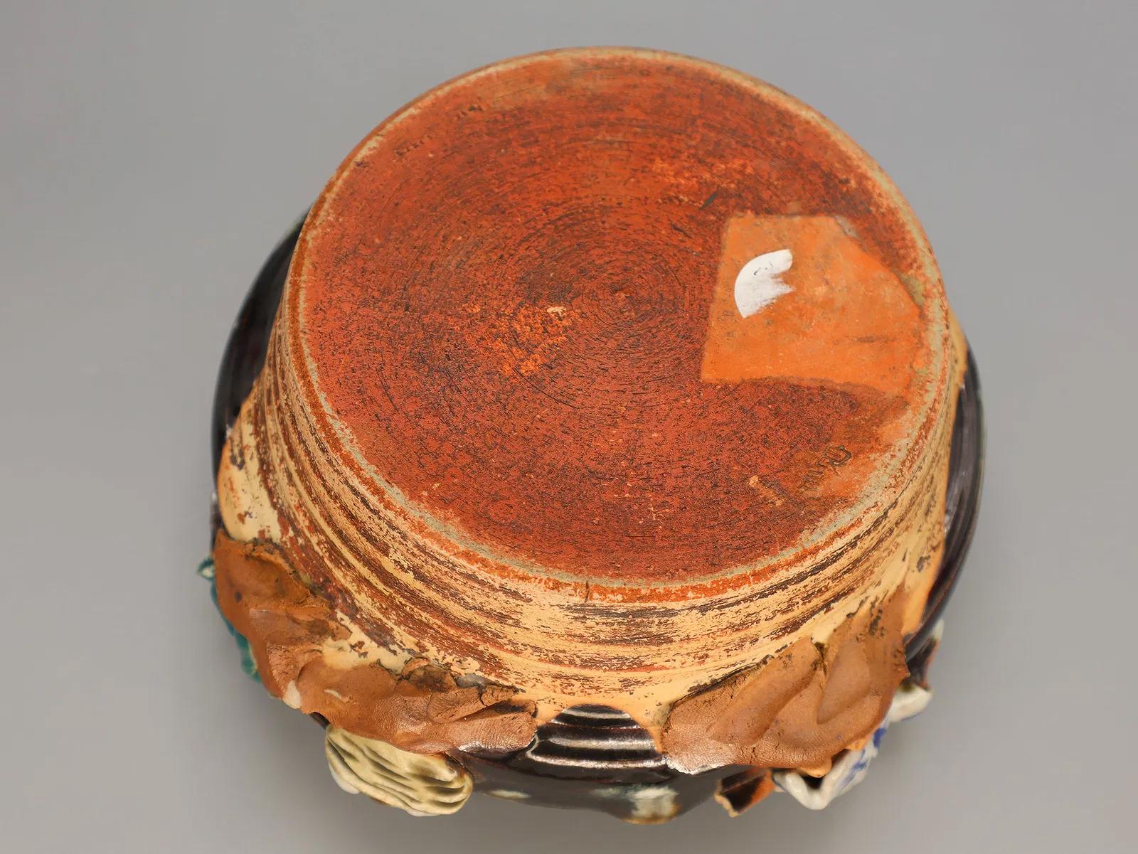 Antique Early 20th Century Japanese Sumida Gawa Drip Pottery Bowl. A Tall Dark Brown Ashtray With 3 Applied Figurines Of Men, Taisho Era
