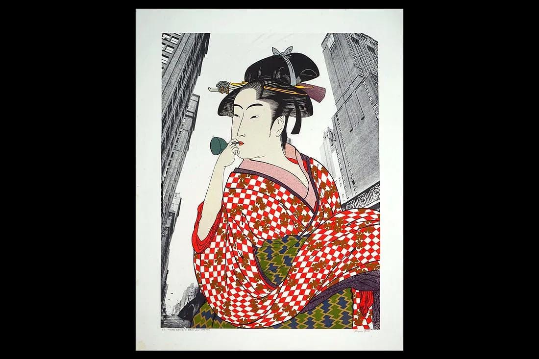 Japanese Geisha In Grand Central Station, NYC 1981 Color Serigraph Print By Michael Jay Knigin, American Contemporary Art