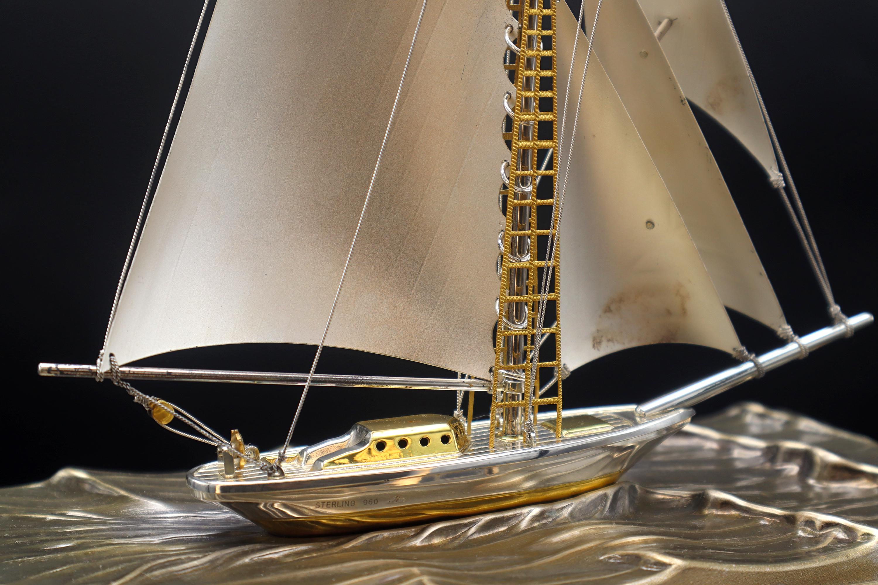 Handmade And Finely Detailed Sterling 960 Silver Model Of A Sailing Ship, Sports Boat Sculpture By Japanese Artist Silversmith Seki Takehiko