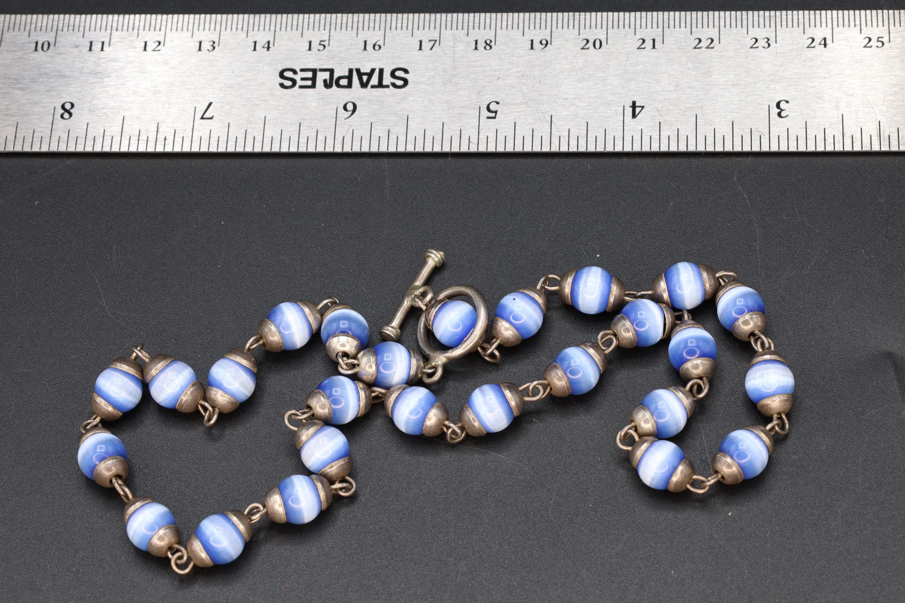 Blue Cats Eye Glass Necklace, 925 Sterling Silver And Round Cap End Capsule Link, Modernist Jewelry Unisex, Round Beaded Chain Collar