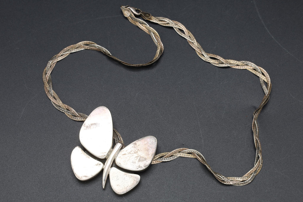 Butterfly Pendant Necklace, Braided Herringbone Chain, Modernist Butterfly Pendant, 925 Sterling Silver, Vintage 1990s Fashion Accessories