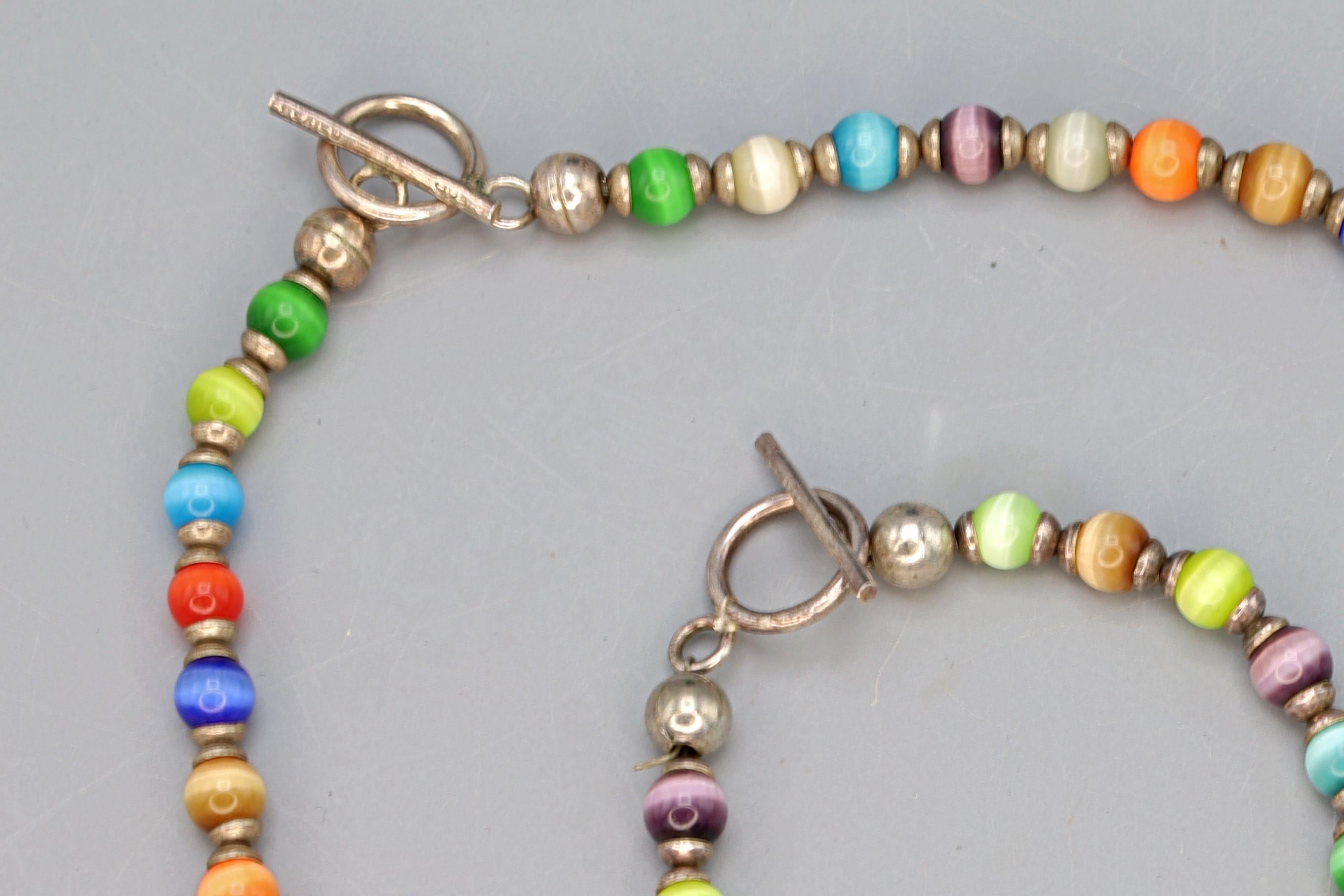 Rainbow Cats Eye Glass Necklace And Bracelet, Mexico 925 Sterling Silver, Ball Beads With Round Cap End Capsule Link, Modernist Jewelry Set