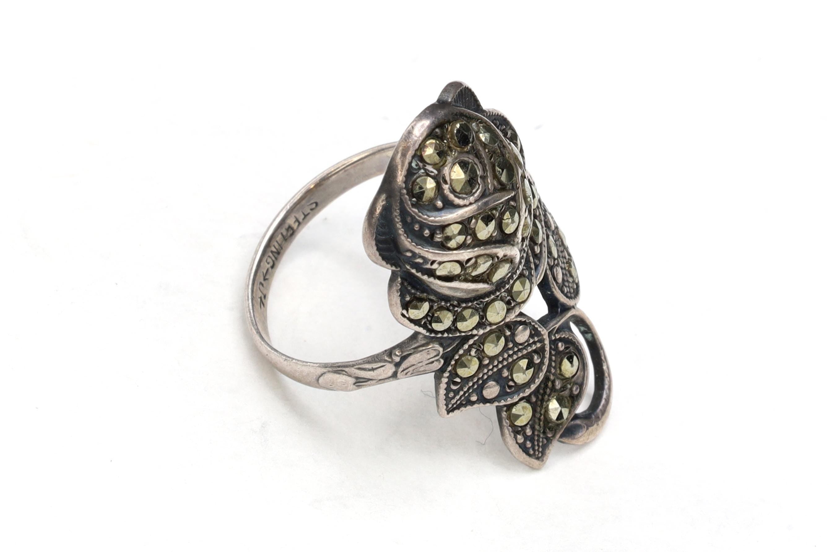 Uncas Jewelry, Sterling Silver And Marcasite Rose Ring Size 6 With Jeweler Hallmarks, Art Deco Flower Fashion Accessories, Retro Americana