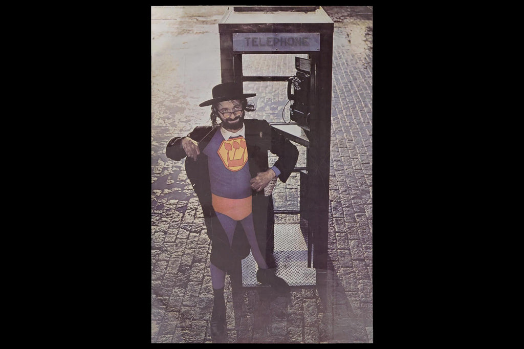 Super Jew Satirical Poster From The 1960s, Original Vintage Lithograph Print With A Hassidic Rabbi And A Telephone Booth, Harry Hamburg