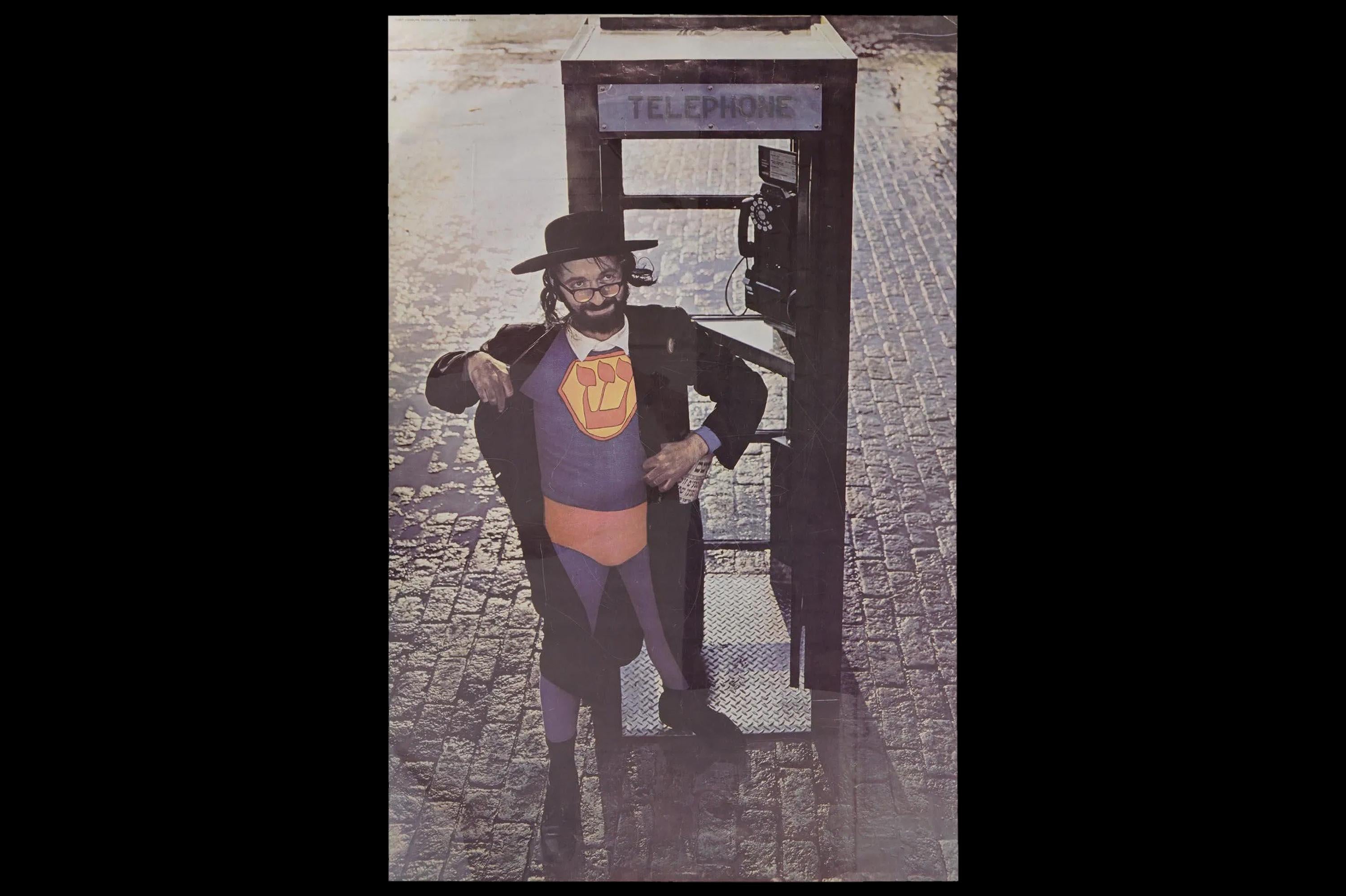 Super Jew Satirical Poster From The 1960s, Original Vintage Lithograph Print With A Hassidic Rabbi And A Telephone Booth, Harry Hamburg