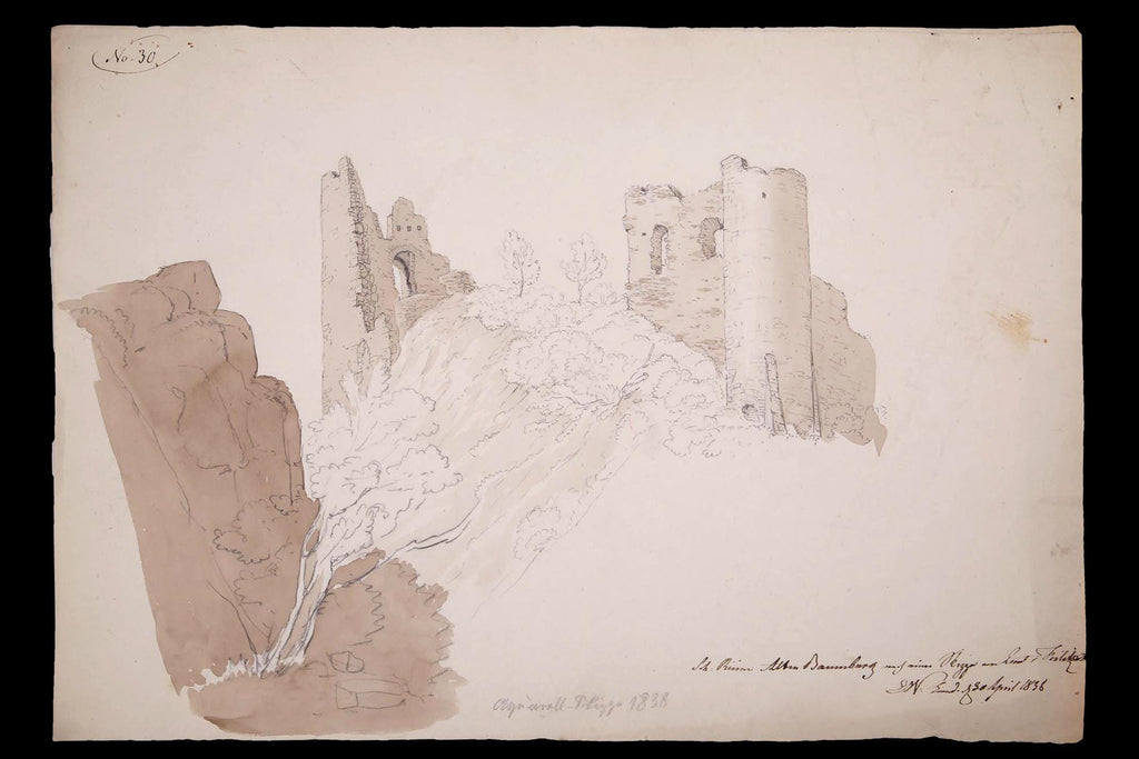 Antique 1800s Baumberg Castle Ruins Mixed Media Art Pencil, Ink Wash And Watercolor Painting On Paper Attributed To Friedrich Eisenlohr