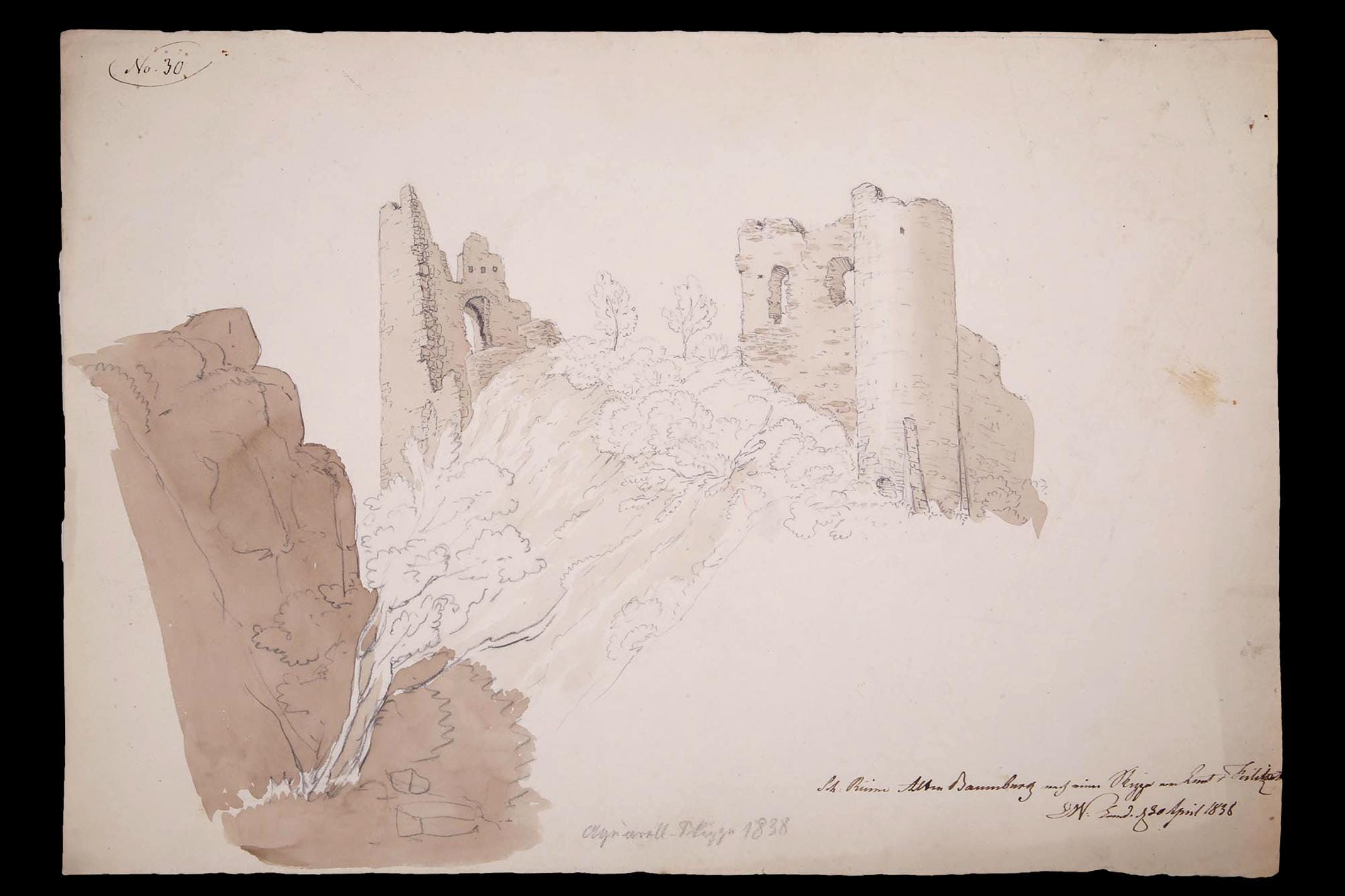 Antique 1800s Baumberg Castle Ruins Mixed Media Art Pencil, Ink Wash And Watercolor Painting On Paper Attributed To Friedrich Eisenlohr