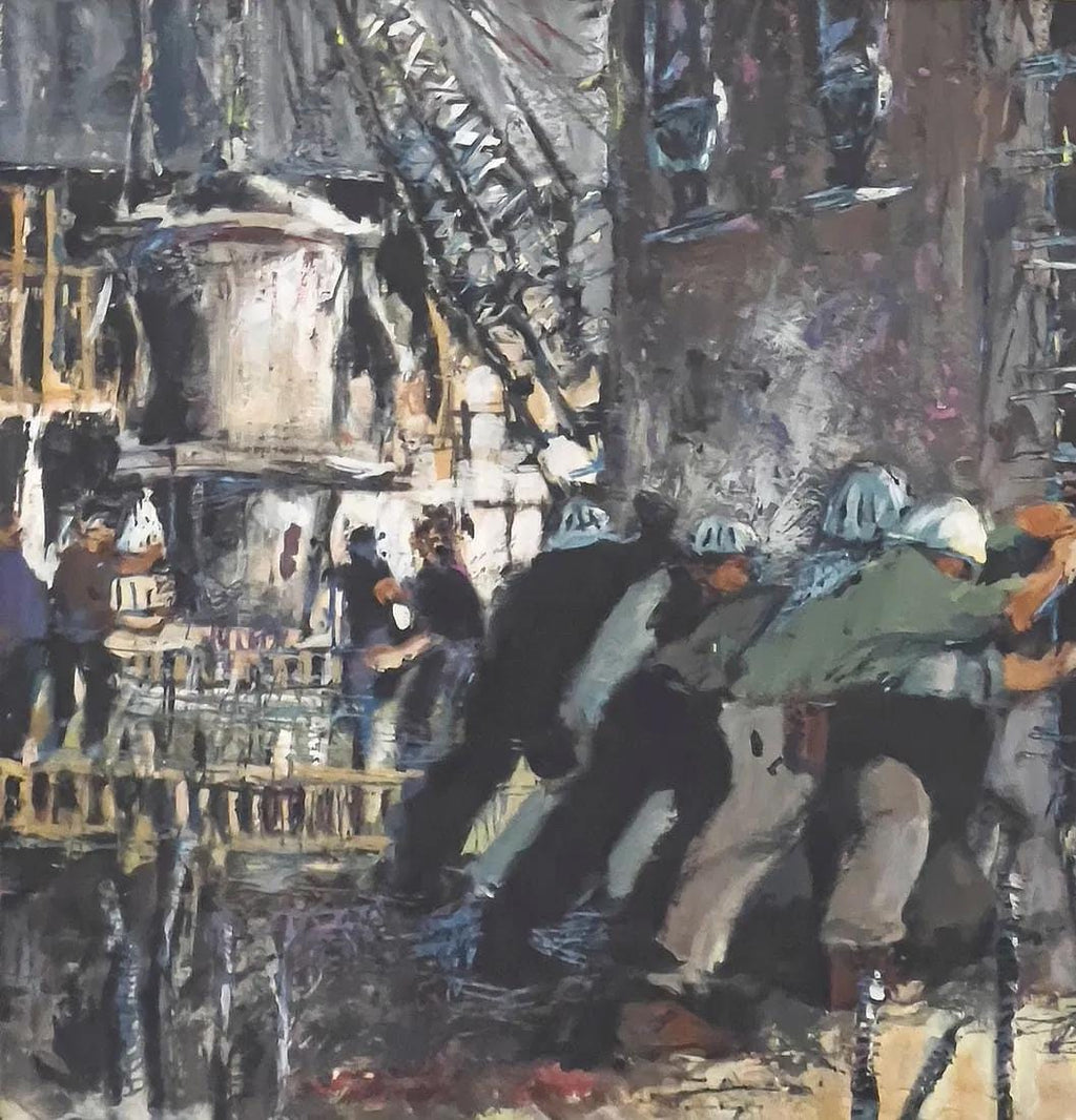 Construction Workers, Small Format Oil Painting Attributed To James Kelly, Retro Mid Century Americana Art And Decor, Expressionist Artworks