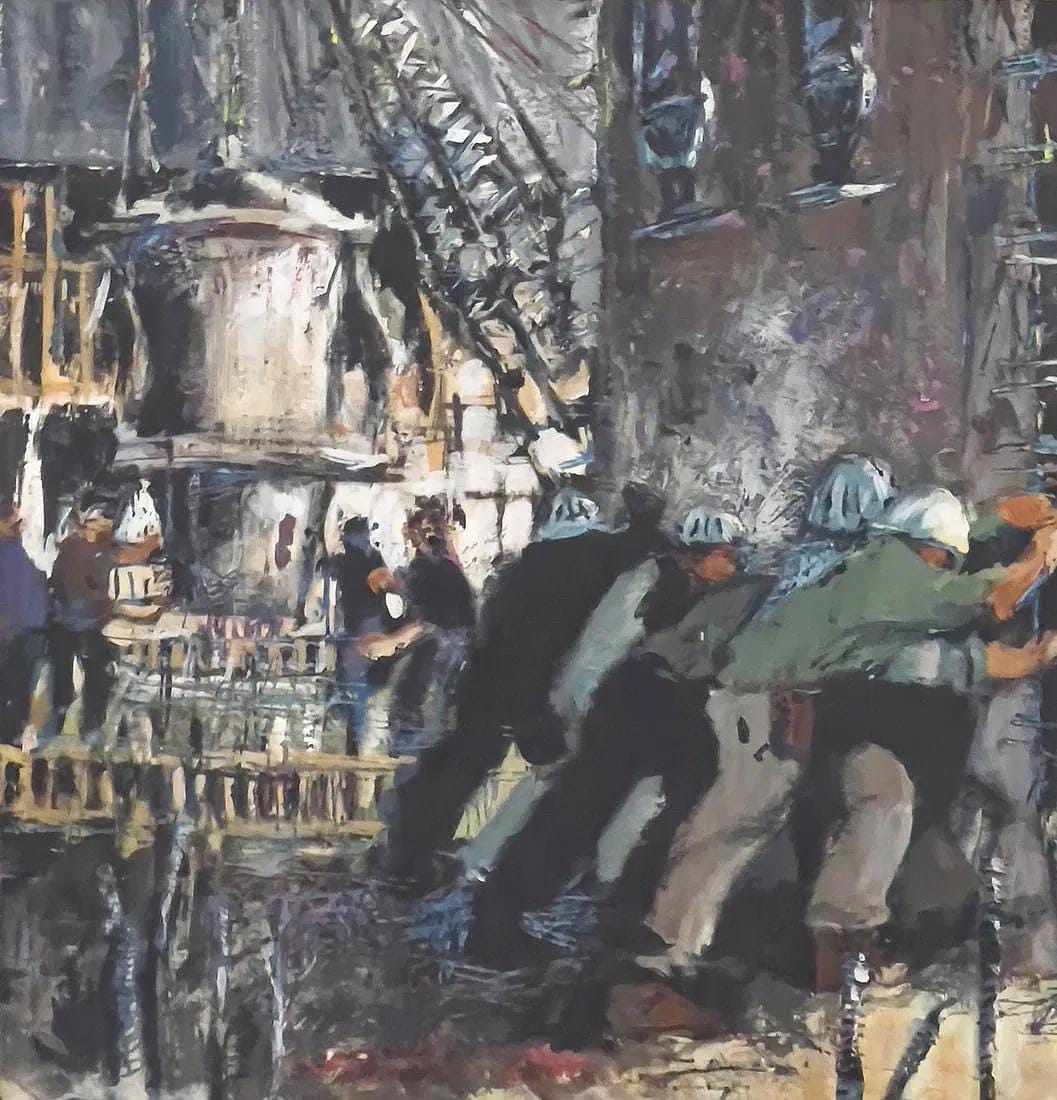 Construction Workers, Small Format Oil Painting Attributed To James Kelly, Retro Mid Century Americana Art And Decor, Expressionist Artworks