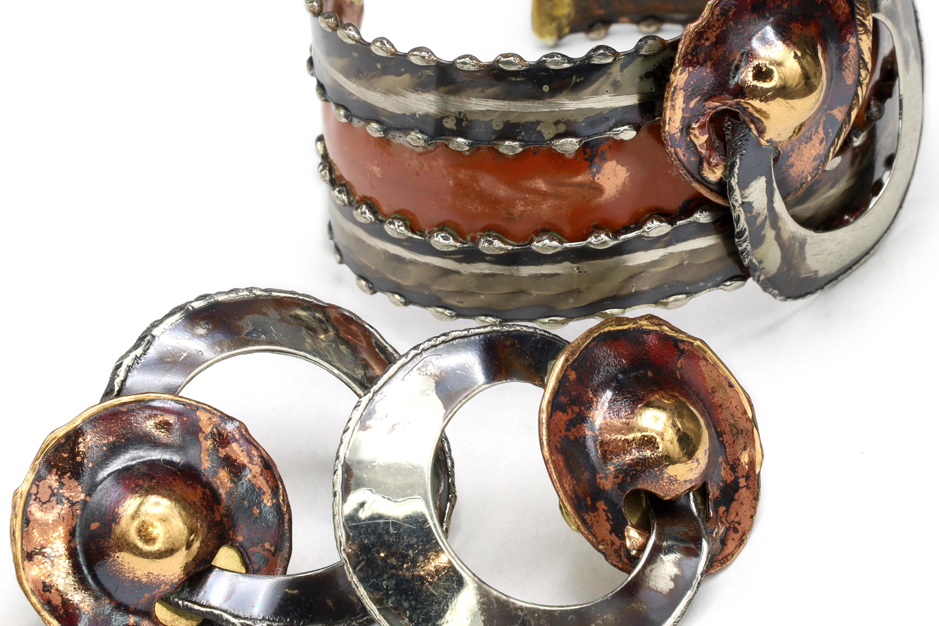 Jewelry Set By Ndebele Women Of South Africa, A Cuff Bracelet And Matching Large Pierced Stud Earrings, Mixed Media Metals, Brutalist Design