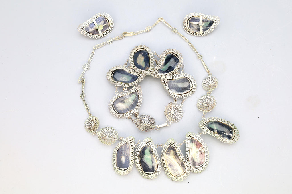 SUPER RARE, Art Deco Jewelry Set, Necklace, Bracelet And Earrings, Portuguese 800 Silver And Mussels Shells, Wirework Cannetille Ca 1930s