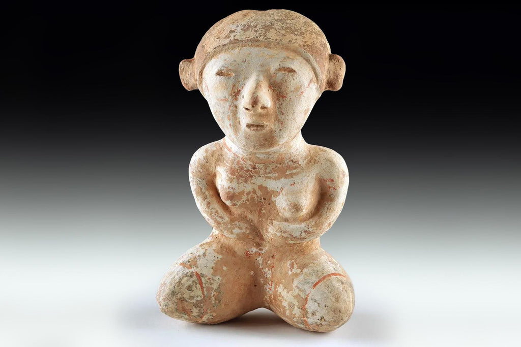 Ancient Pre Columbian Nayarit Pottery Female Sitting Figure, Chinesco Type 300 BCE to 300 AD, West Mexico, Mesoamerican Tomb Burial Art