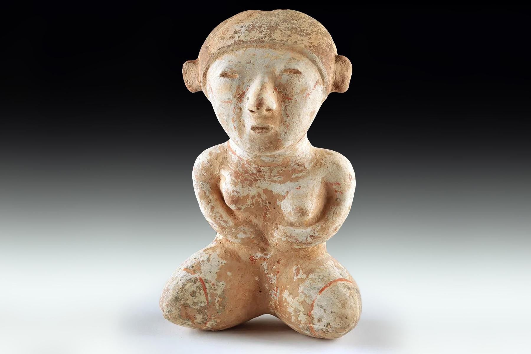 Ancient Pre Columbian Nayarit Pottery Female Sitting Figure, Chinesco Type 300 BCE to 300 AD, West Mexico, Mesoamerican Tomb Burial Art