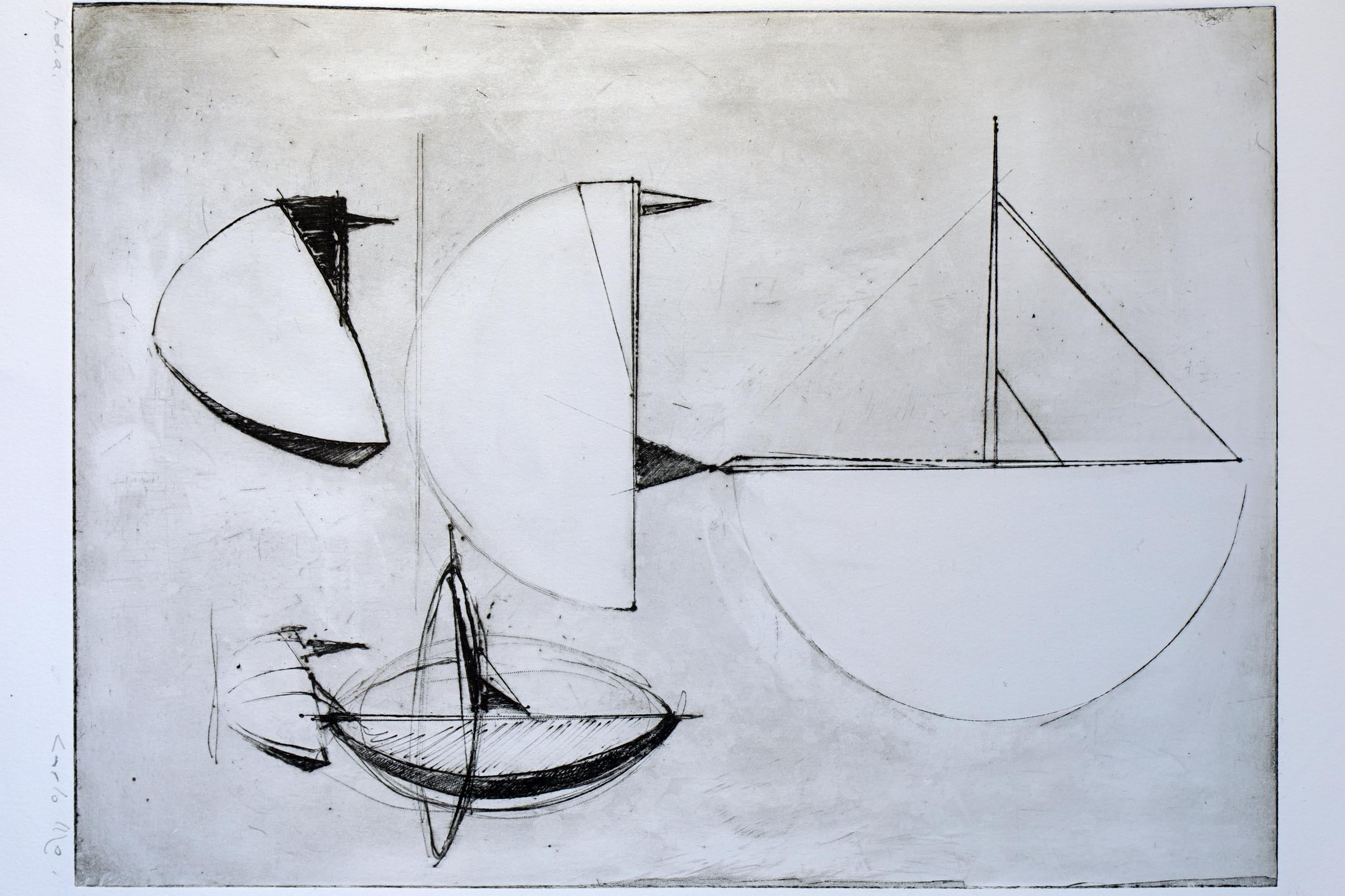 Italian Futurism Artwork By Carlo MO, Hand Signed 1980s Art Etching, Project Of Modernist Sculpture, Rare Artist Proof Copy Piece