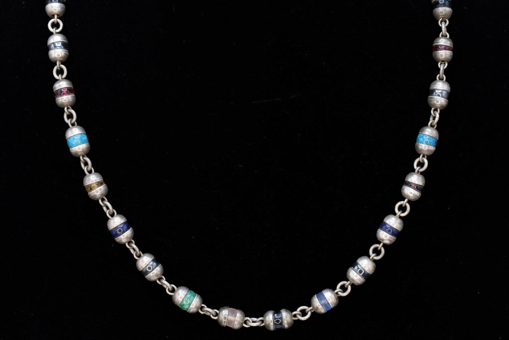 Taxco Mexico Necklace, 925 Sterling Silver Multi Color Round Cap End Capsule Link, Modernist Jewelry Unisex, Round Beaded Jewelry