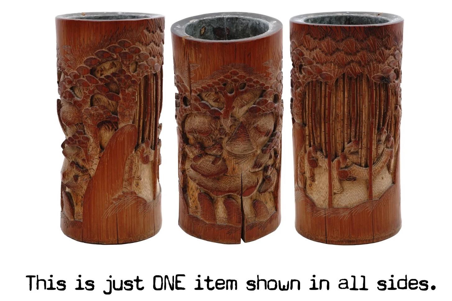 Antique 19th Century Brush Pot, A Vase Crafted From Bamboo Wood And Metal Insert, Chinese Qing Dynasty, Asian Oriental Decoration And Art