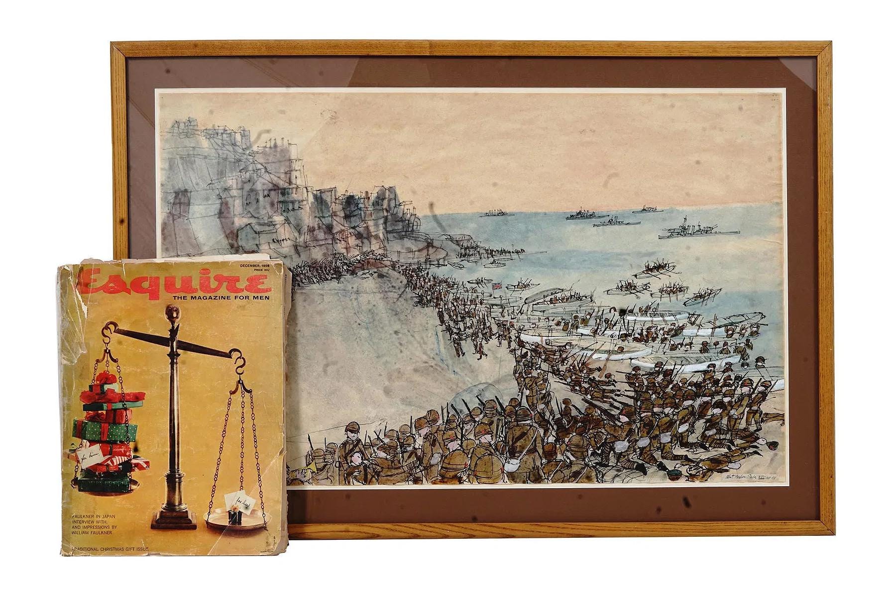 Watercolor And Ink On Paper Painting By Robert Andrew Parker, Battle Of The Bulgarian And British Armies On A Seashore Landscape