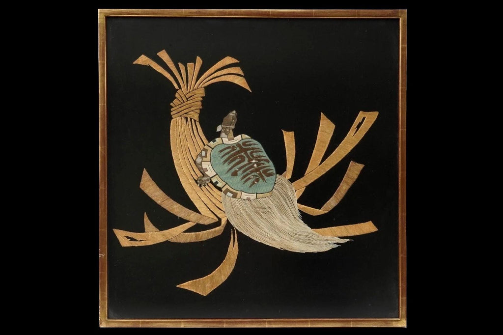 Antique Mid Of The XIX Century, Early Meiji Japan, Minogame Turtle Embroidered Couched Goldwork Asian Silk Fukusa Gift Presentation Textiles