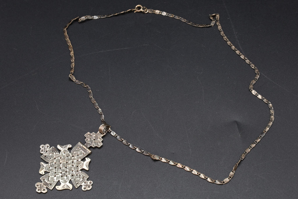 Christian Coptic Cross Pendant Necklace, 800 Silver Cross Egypt Hallmarks, Oxidized 925 Sterling Silver Snail Chain, Vintage African Jewelry