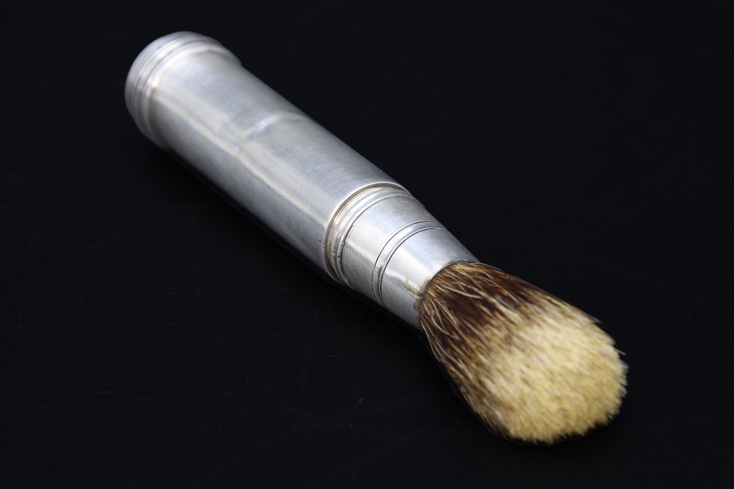 Shaving Brush On Case, Antique Birmingham 1849 Francis Clark Silver Hallmarks, Extremely Rare Findings, Victorian Era England Accessories