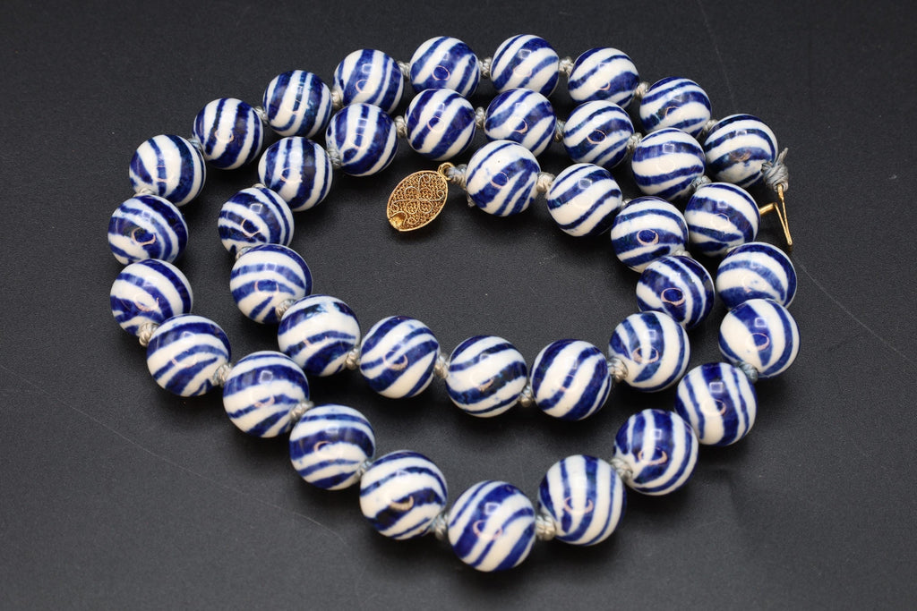 Art Deco Porcelain Beaded Necklace With Watermelon Blue And White Ball Round Beads. Chinese Exports Circa 1930s. Hand Knotted Folk Jewelry