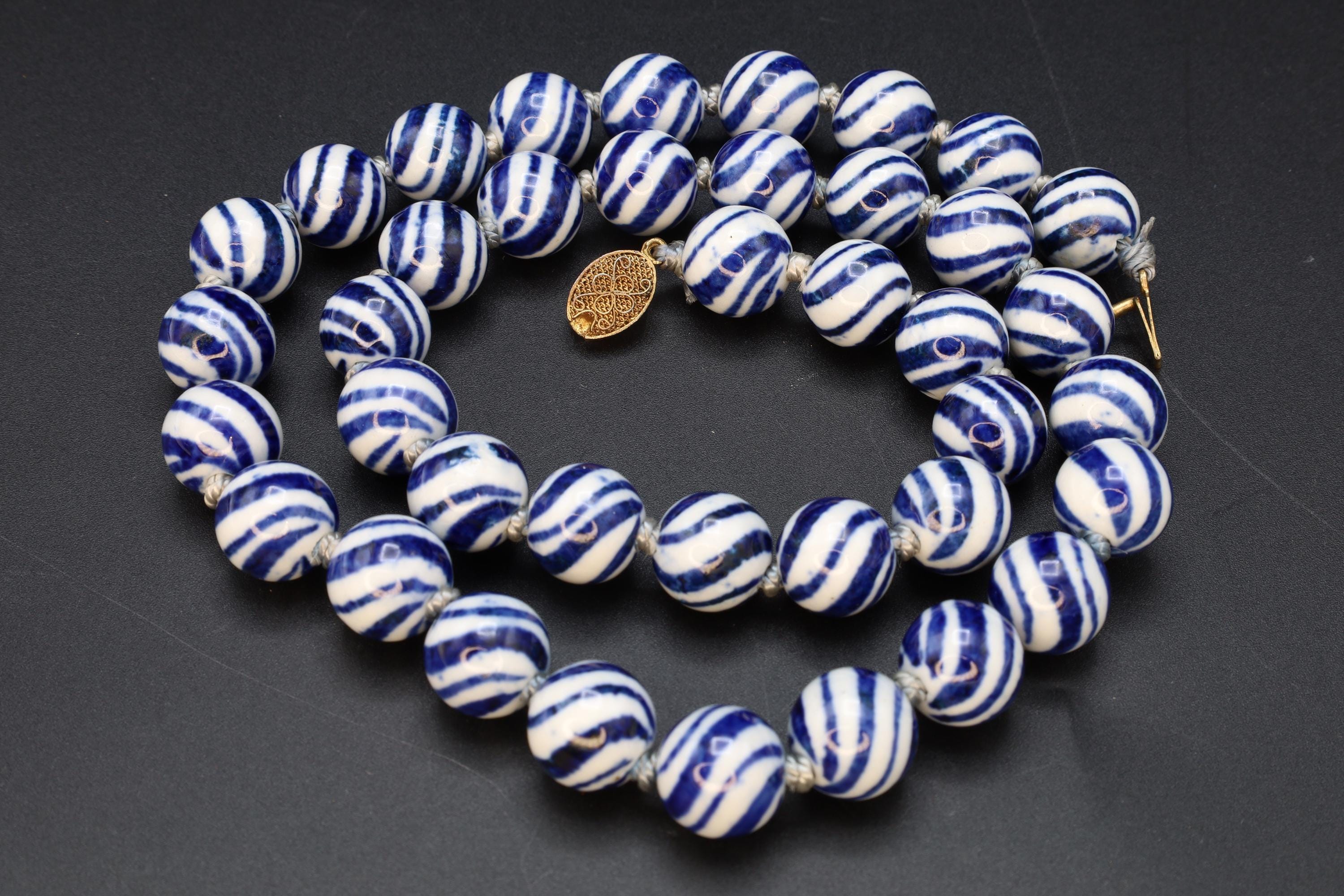 Art Deco Porcelain Beaded Necklace With Watermelon Blue And White Ball Round Beads. Chinese Exports Circa 1930s. Hand Knotted Folk Jewelry