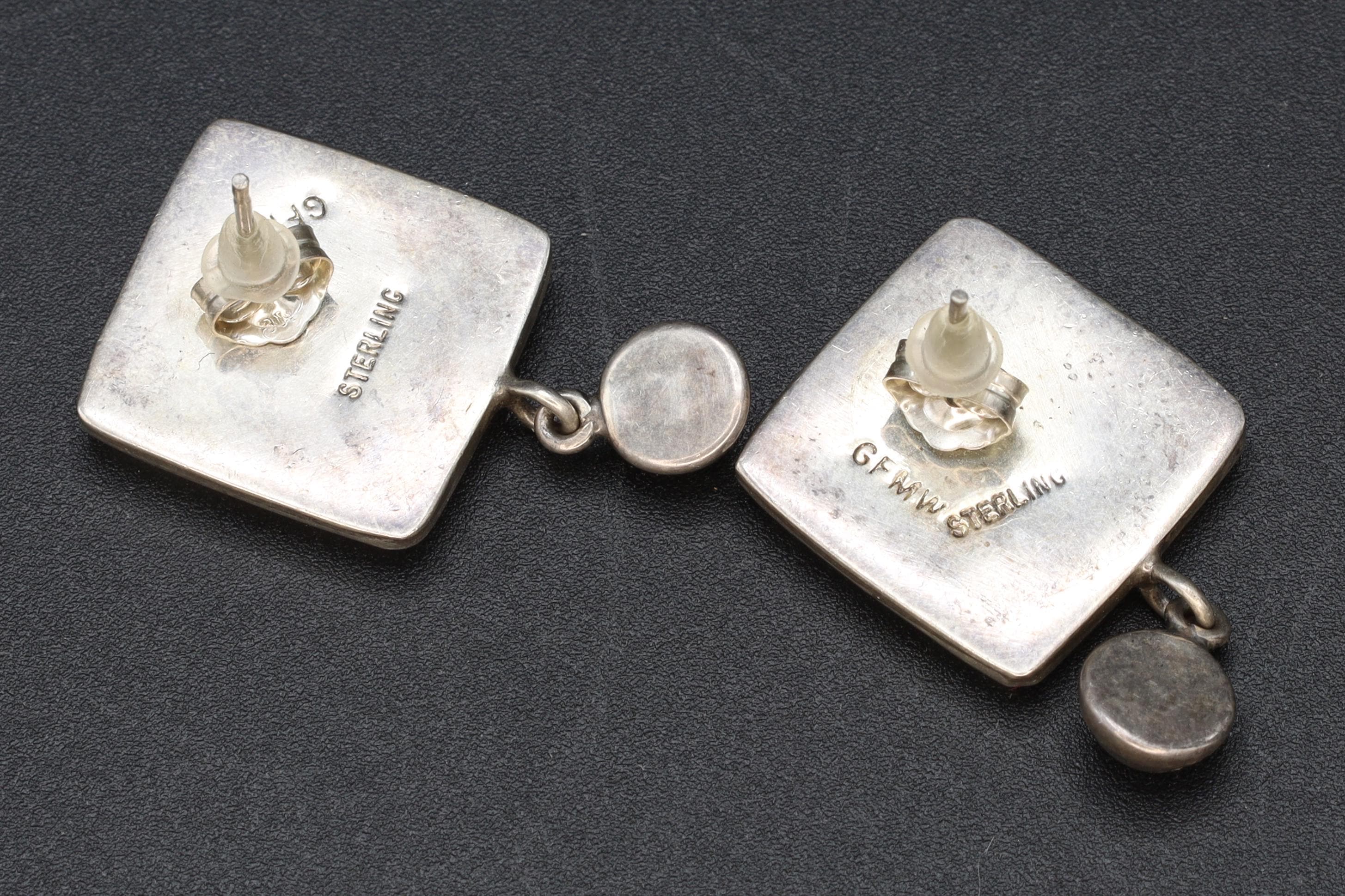 Rare 1960s GFMW Stud Earrings, Square 925 Sterling Silver With A Mother Of Pearl Mosaic And A Moonstone Dangle, Womens Fashion Accessories