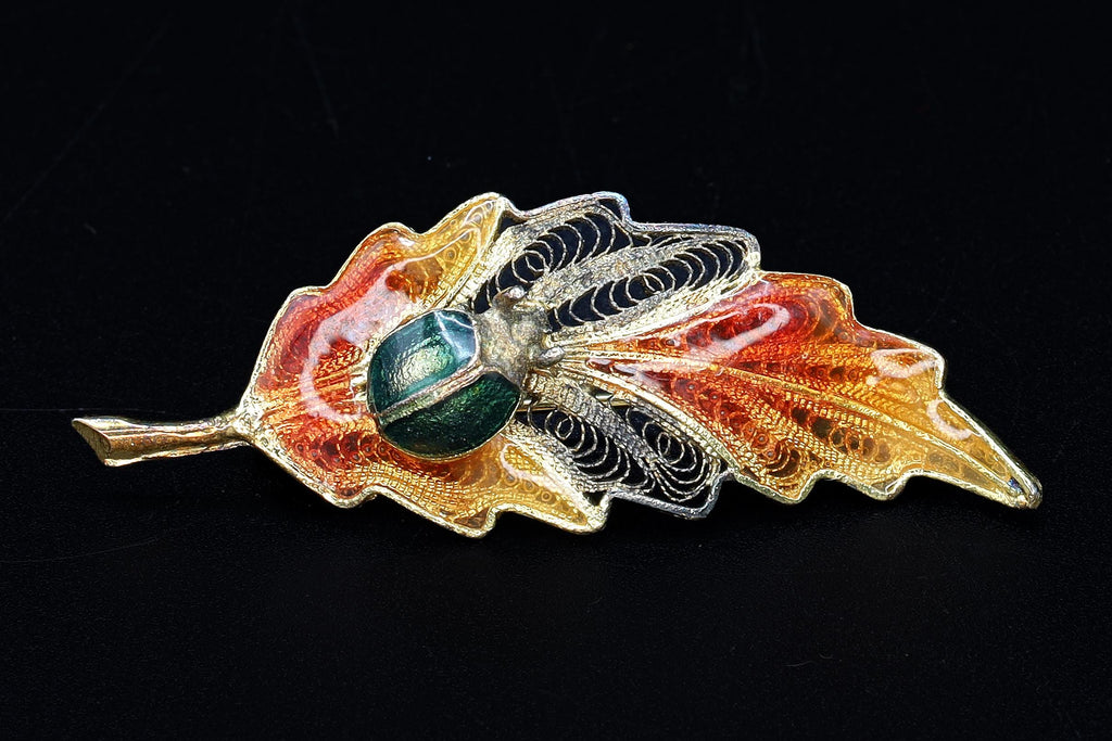 Ladybird On Autumn Leaf Brooch, 1940s Italy Genova 149 PIOMBO SILVIO, Hallmarked Italian Jewelry, 800 Silver Plique au Jour Enamel Filigree