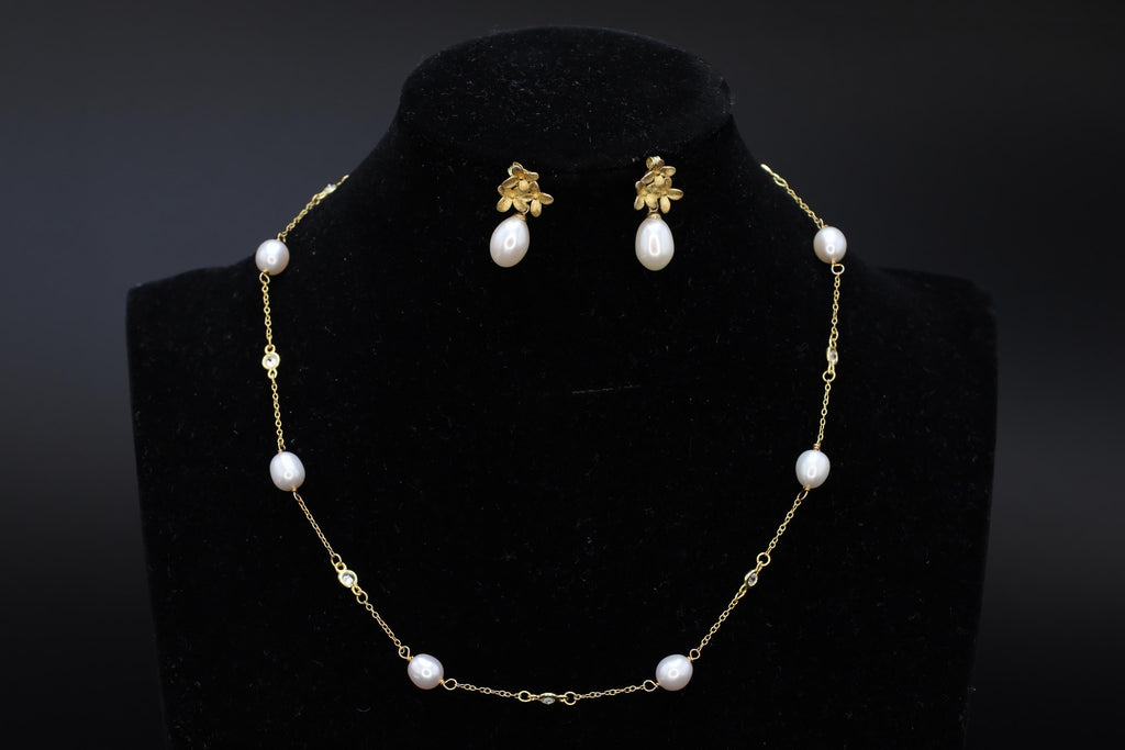 Beaded Necklace And Dangle Earrings Jewelry Set, Pearl And Cut Glass Saturn Chain, Gold Gilt Vermeil On Sterling Silver, Fashion Accessories
