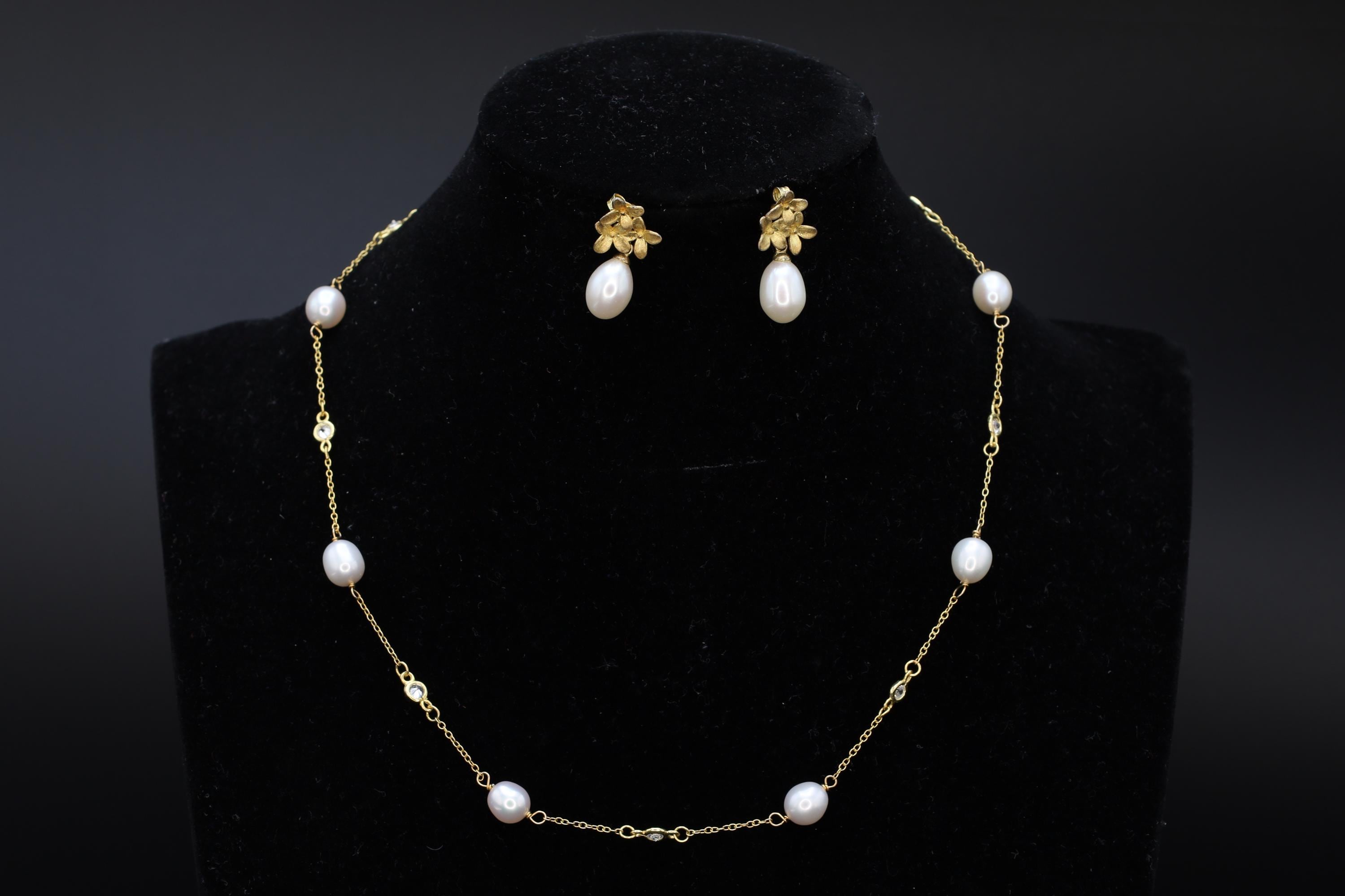 Beaded Necklace And Dangle Earrings Jewelry Set, Pearl And Cut Glass Saturn Chain, Gold Gilt Vermeil On Sterling Silver, Fashion Accessories