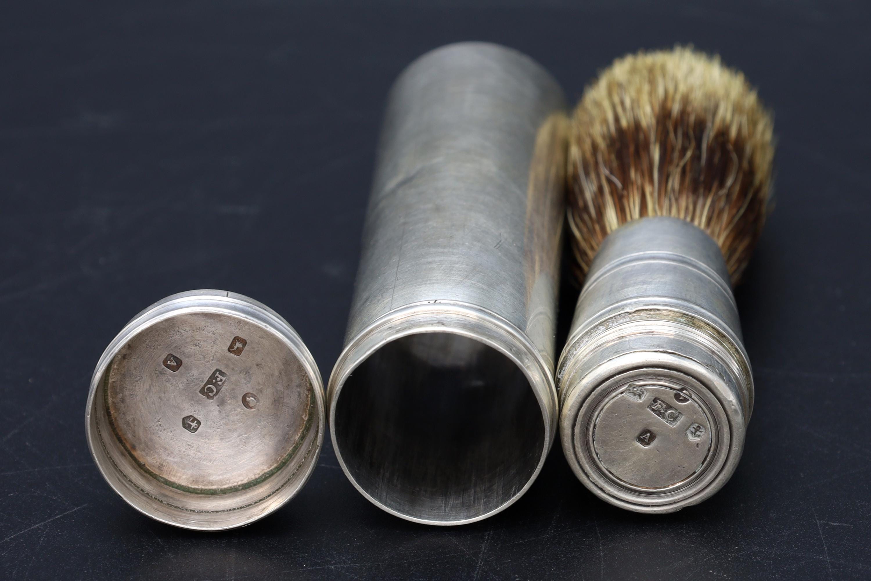 Shaving Brush On Case, Antique Birmingham 1849 Francis Clark Silver Hallmarks, Extremely Rare Findings, Victorian Era England Accessories
